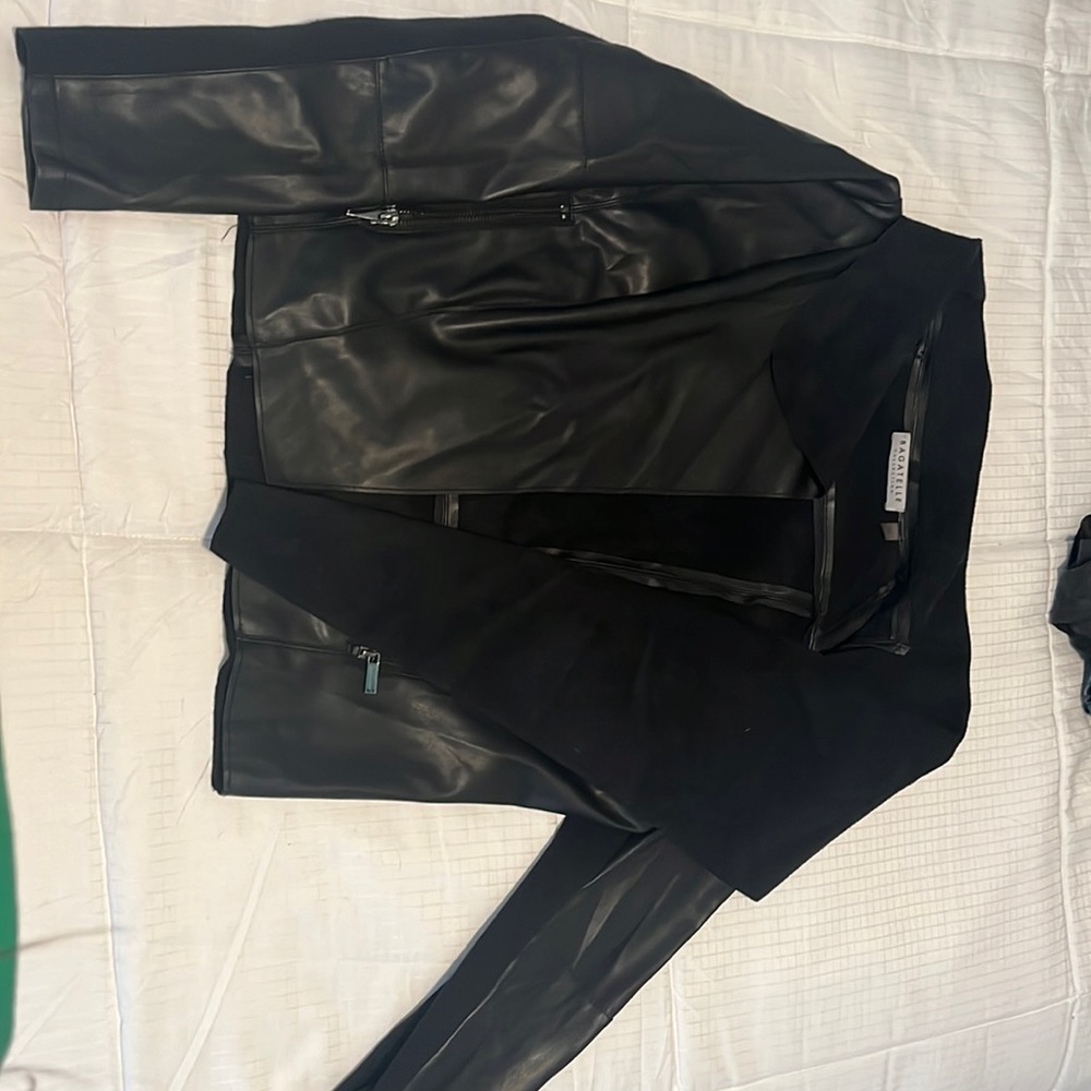 Bagatelle Collection open front faux leather jacket.